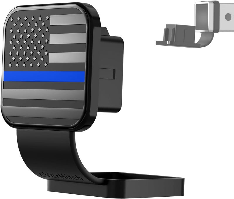 eVerHITCH 2 Inch Universal Flag Tow Hitch Covers, American Flag Trailer Hitch Cover Tube Plug Insert, Car Exterior Accessories, Receiver Tube Hitch Plug (Black with Blue Line, Fits 2" Receiver) - Image 1